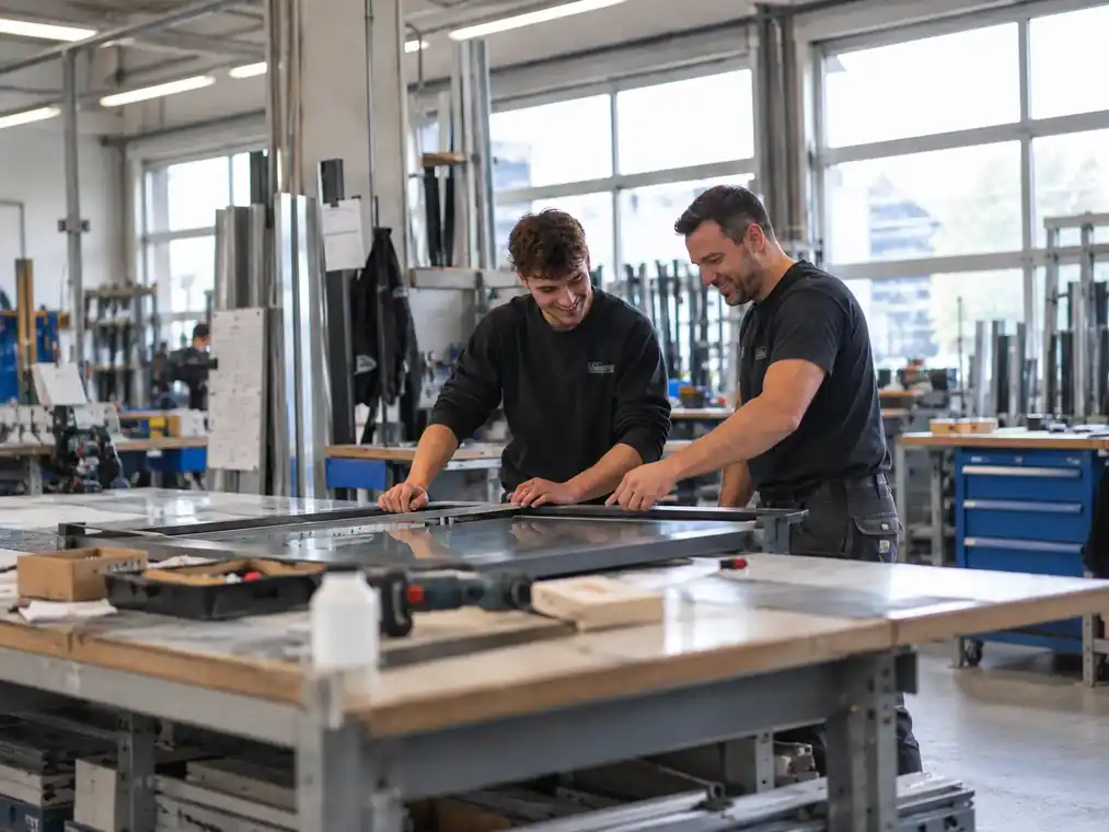 Zwei Mitarbeitende arbeiten gemeinsam in der Werkstatt, Bild für die Fachkräftegewinnung
