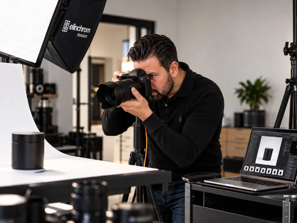 Fotograf bei der Produktfotografie mit Kamera und Softbox, Picline in Zug