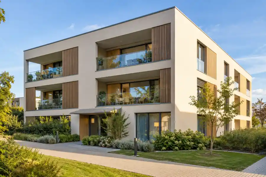 Immobilienfotografie: Aussenaufnahme eines Mehrfamilienhauses mit Balkonen und Garten im Abendlicht