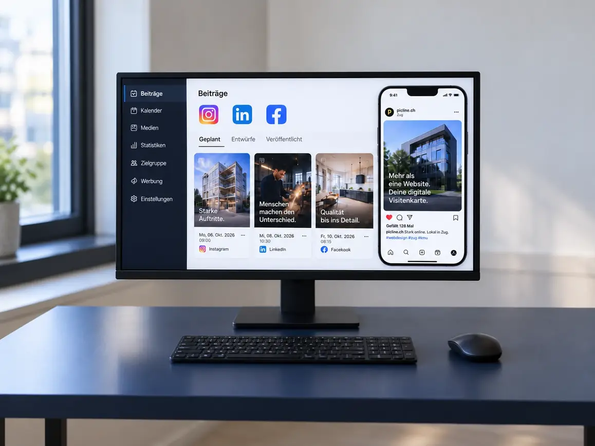 Geplante Social-Media-Beiträge für Instagram, LinkedIn und Facebook auf Bildschirm und Handy